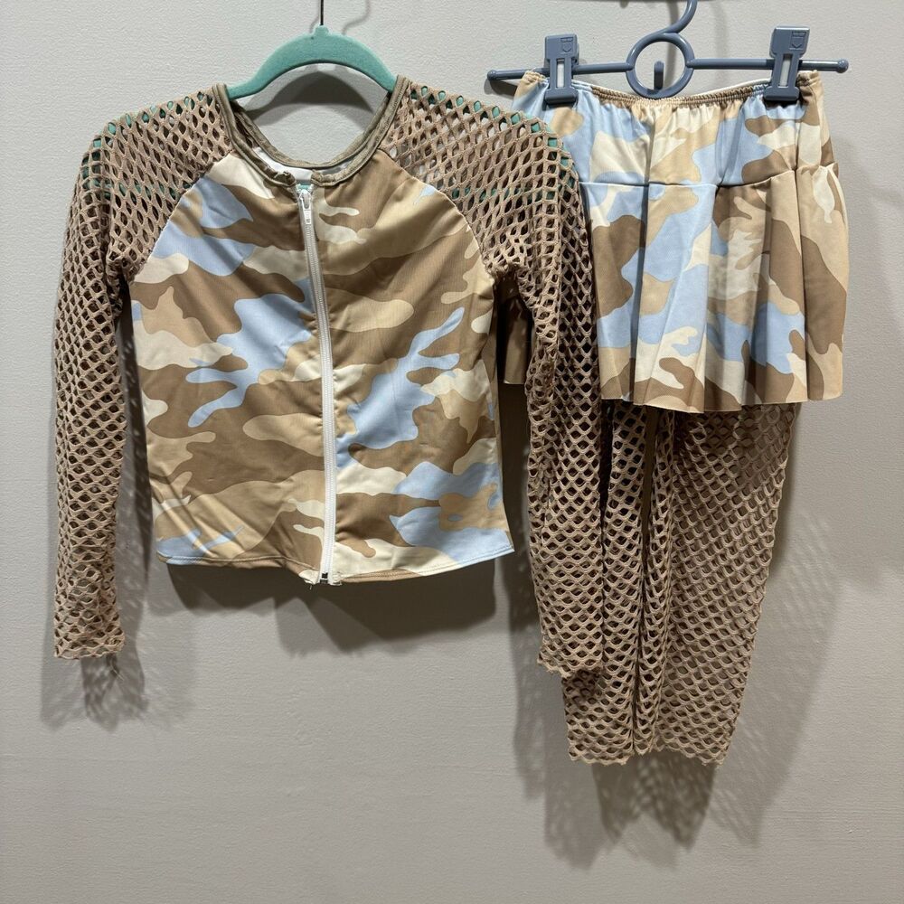 Dansco Dance Costume Camo Mesh Jacket Skirt Fishnet Leggings Girls sz Large